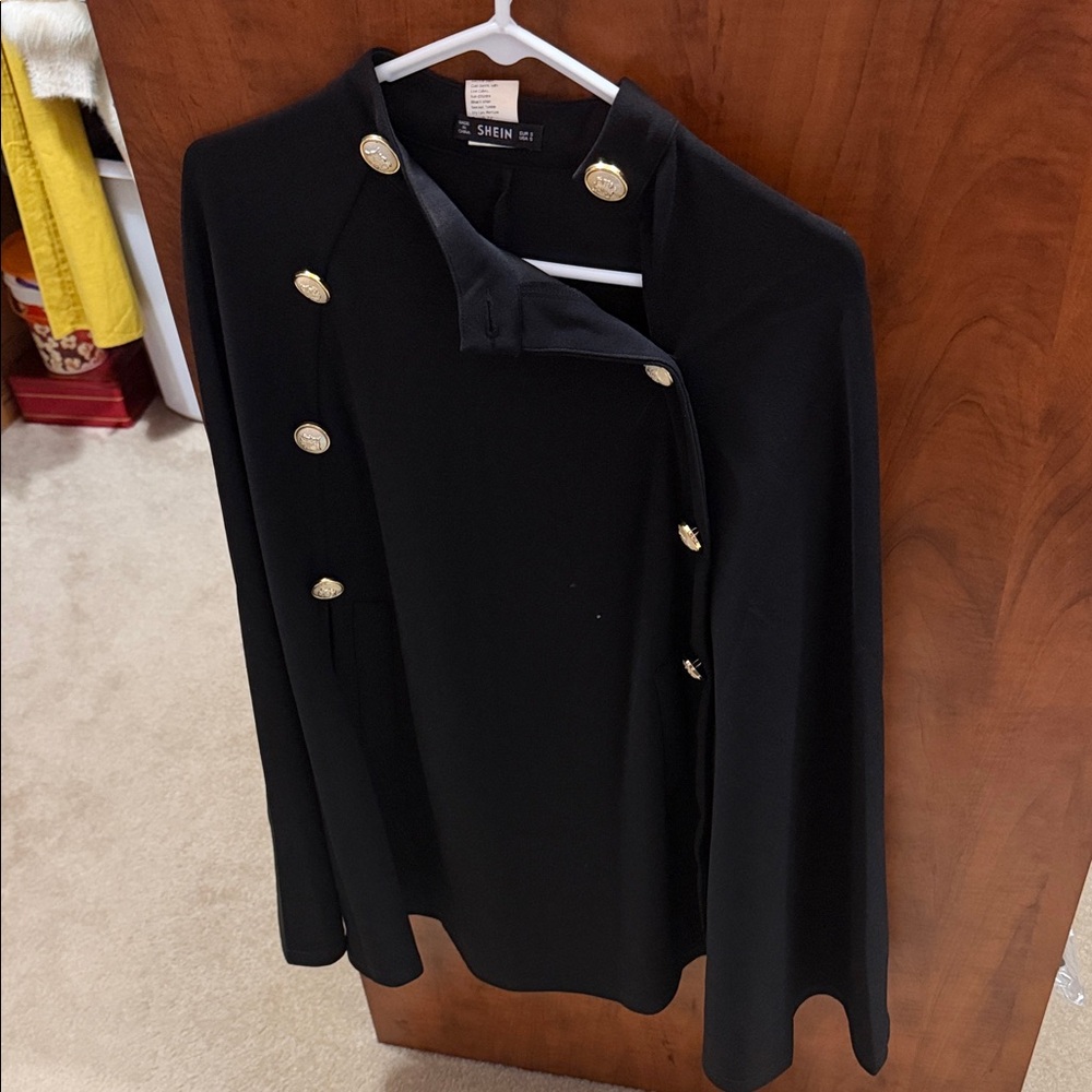 SHEIN Black Military-Inspired Cape with Gold Buttons